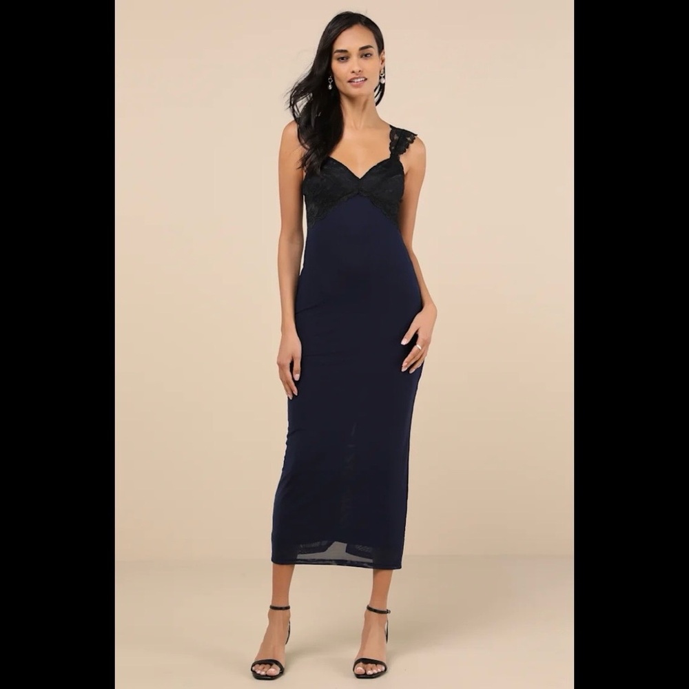 NWT LULUS Flirty Whimsy Navy and Black Mesh Midi Dress